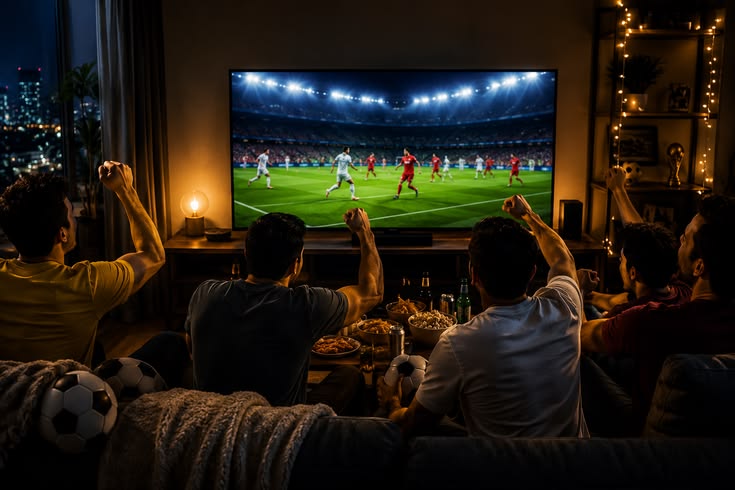 Friends watching a live match together on the big screen with StremoTV