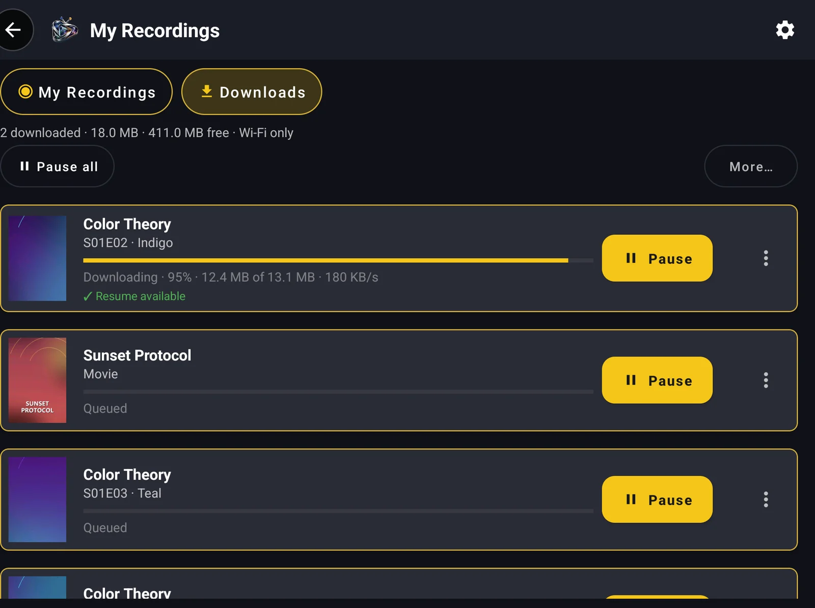 StremoTV downloads list showing progress, queued episodes and resume